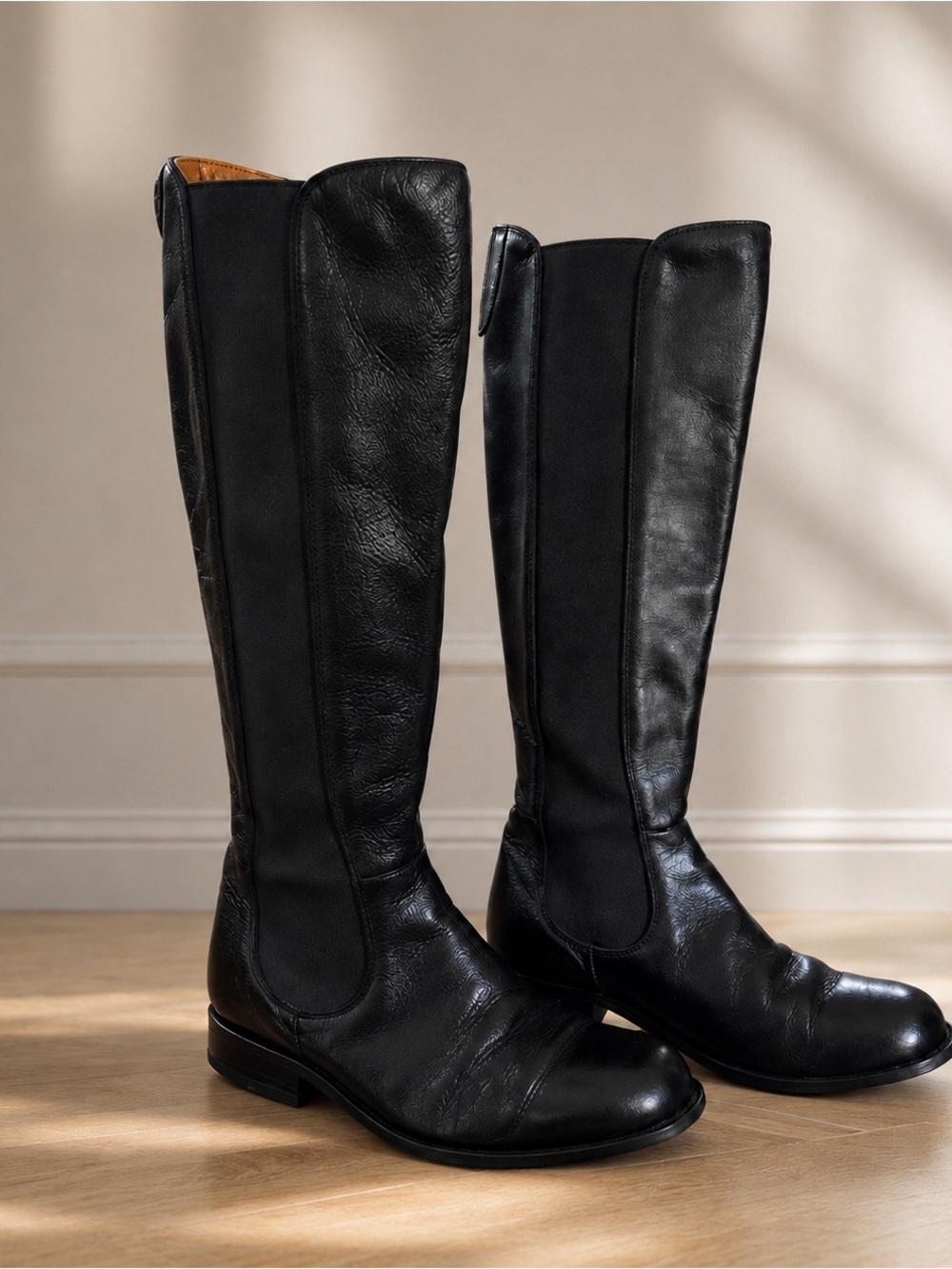 Frye Side Stretch Black Leather Knee High Riding Boots Size 6 - Picture 1 of 14